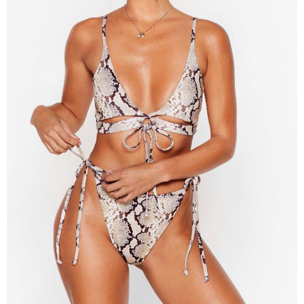 NWT Nasty Gal Moving Snakey snake print triangle strappy bikini set US 2